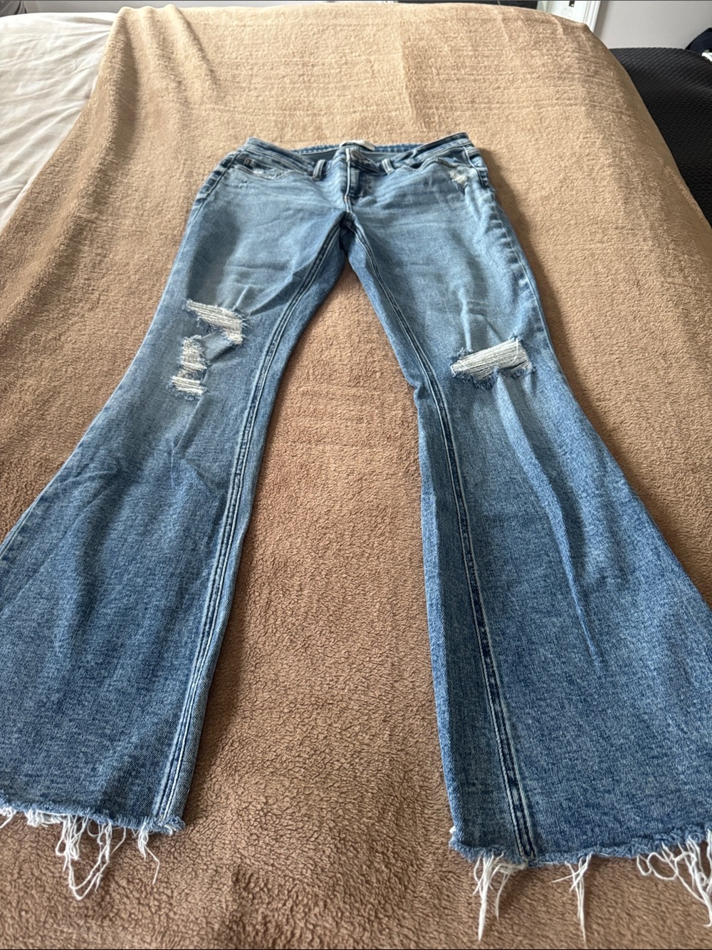 BKE Light Blue Ripped Flare Jeans with Raw Hem